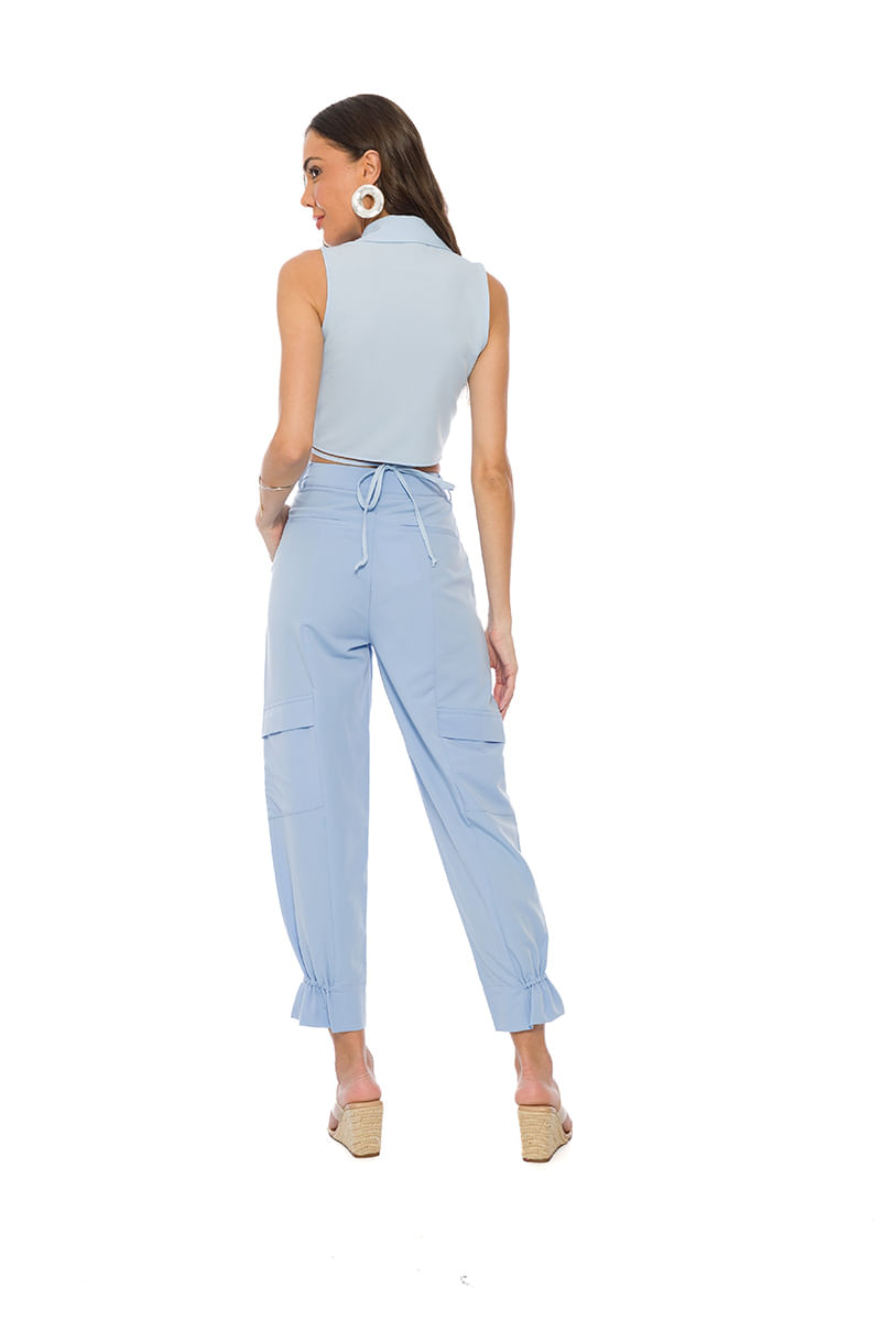 Colete Cropped em Alfaiataria Comfy com Lapelas Azul