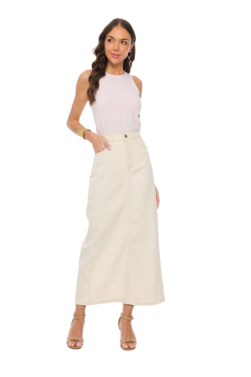 Saia Maxi Midi White Denim Fenda Traseira NUDE
