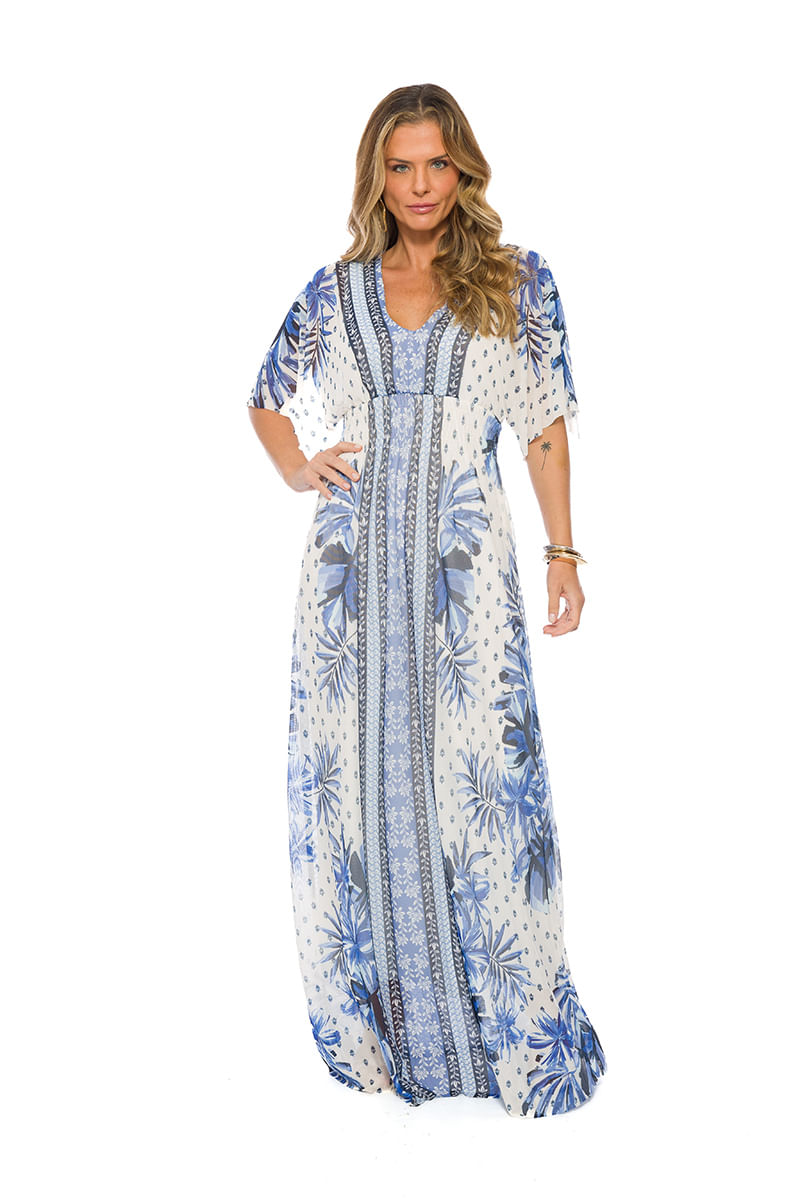Vestido Longo Tule Manga 3/4 AZUL