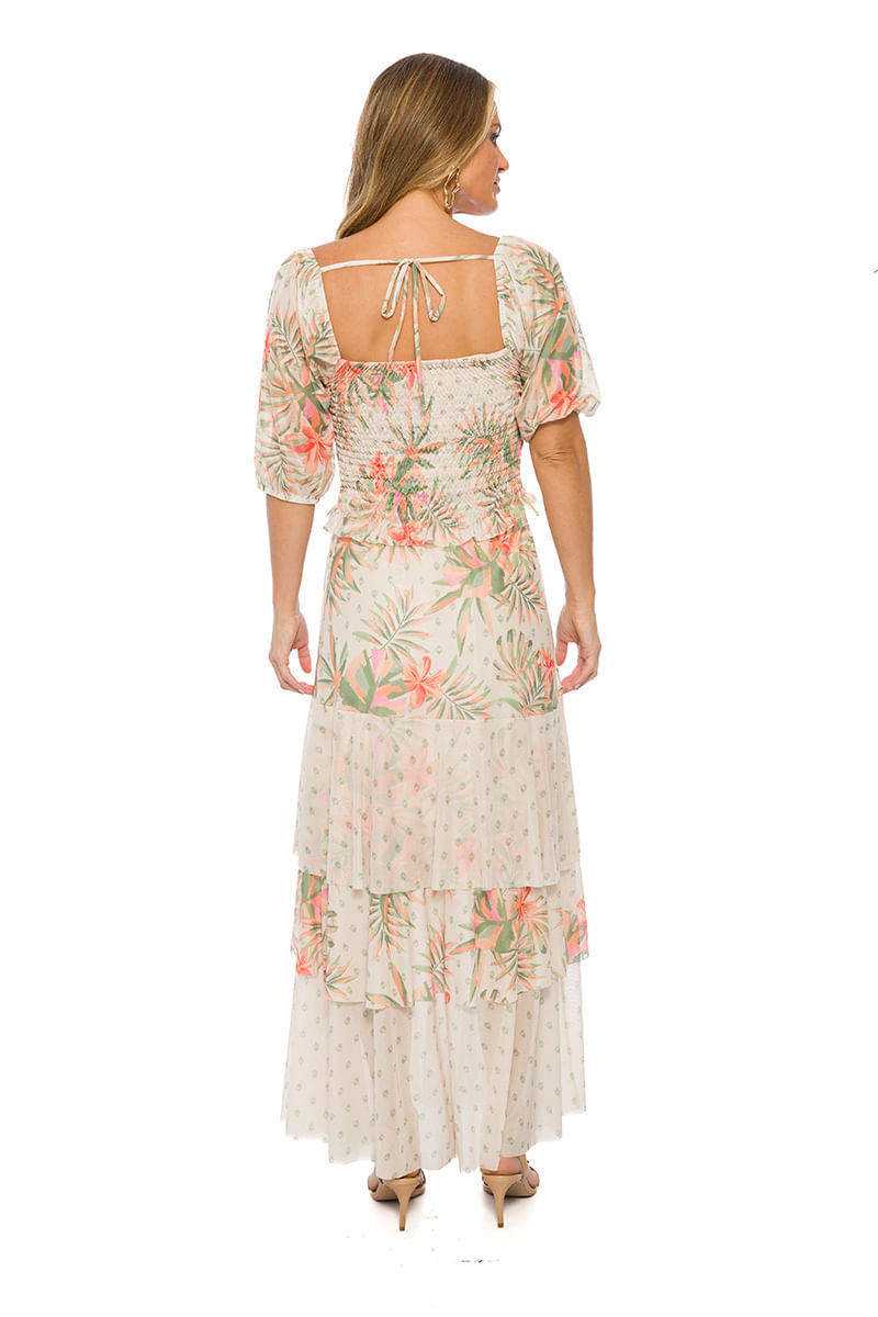 Saia Midi Tule com Lastex no Cós e Camadas Off White