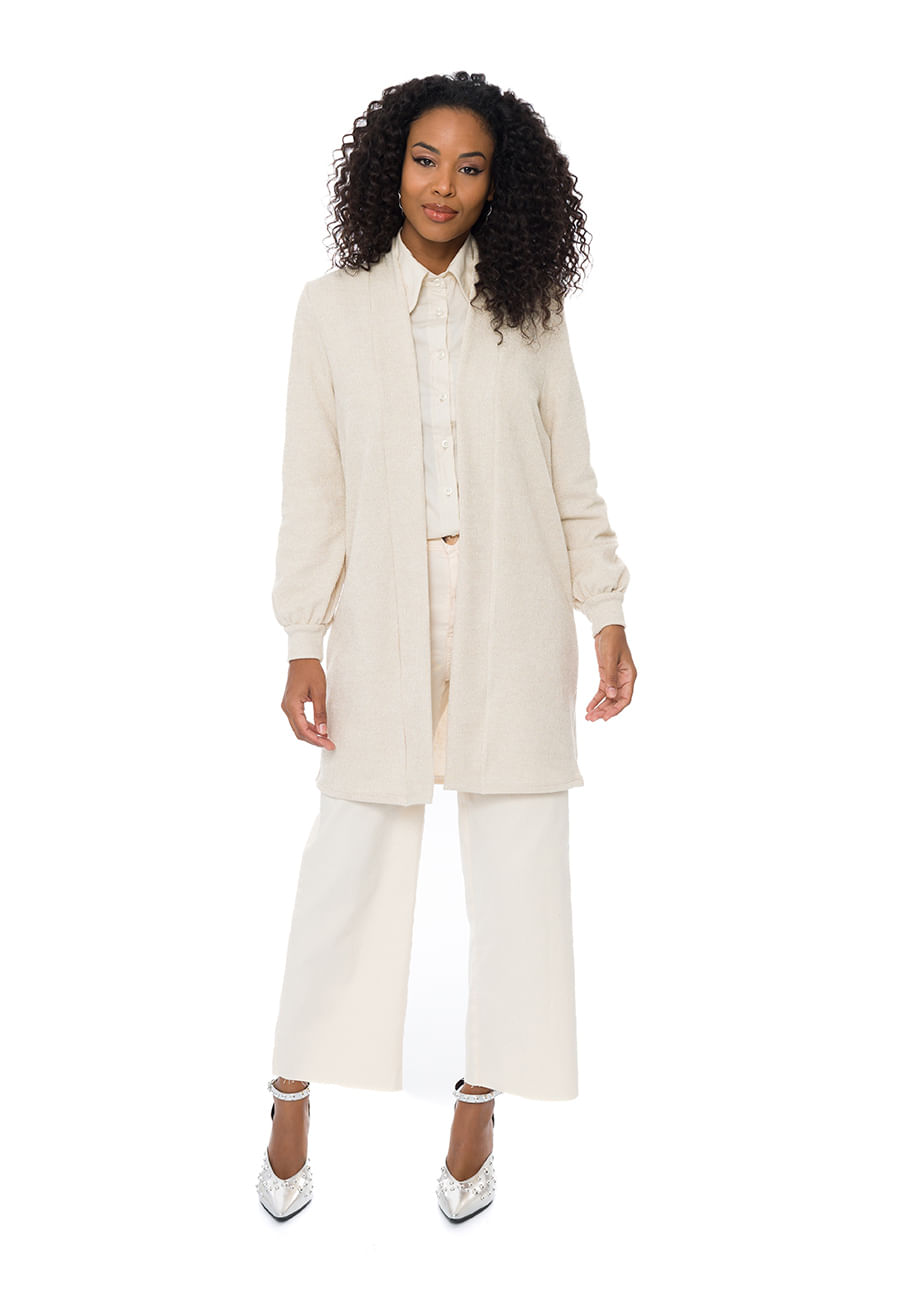 Cardigan Alongado em Malha Tricot com Brilho Doce Trama NUDE