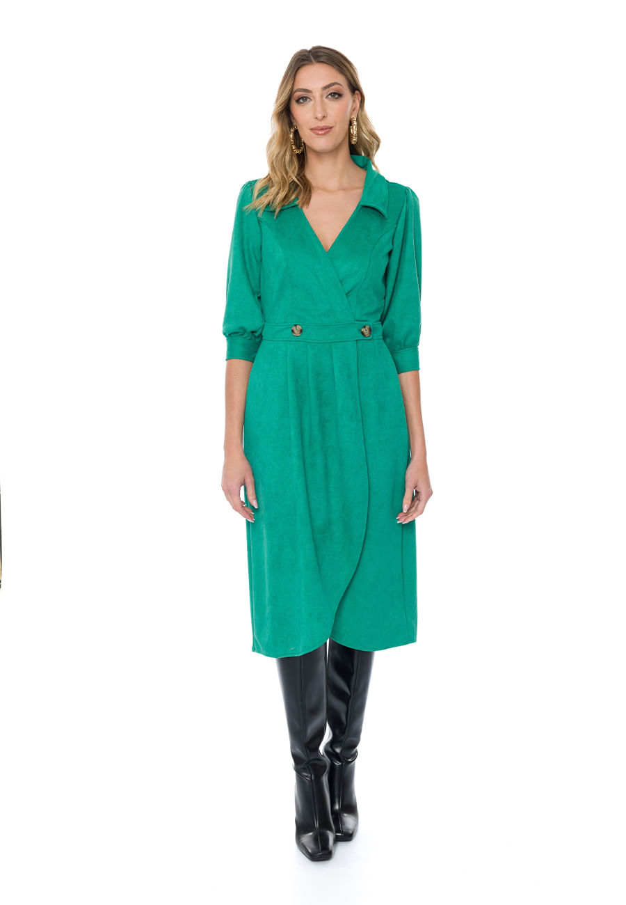 Vestido Midi de Manga 3/4 em Suede Twill Doce Trama VERDE