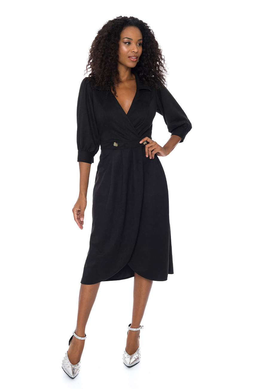 Vestido Midi de Manga 3/4 em Suede Twill Doce Trama PRETO