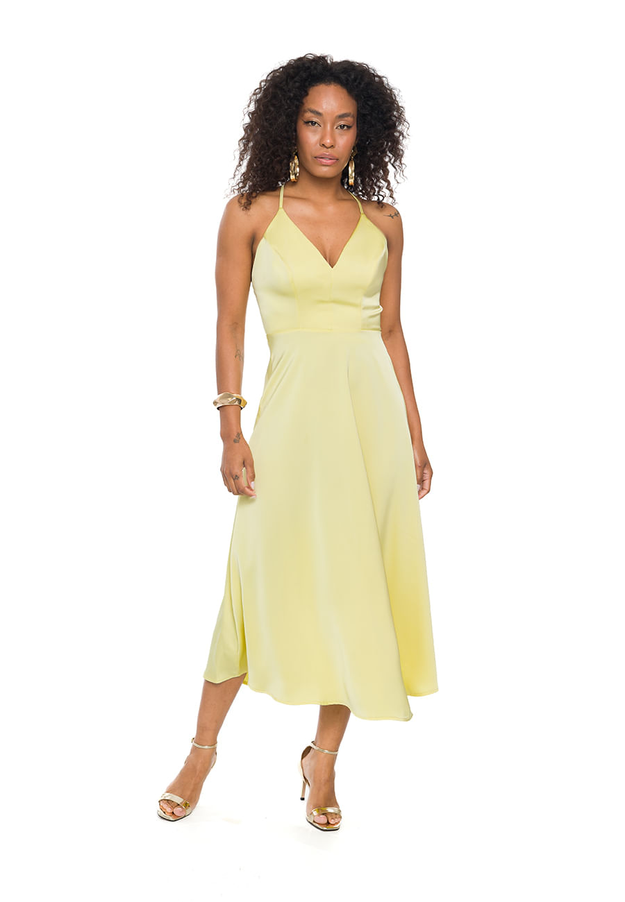 Vestido Longo de Alça em Plano Cetim Requinte Doce Trama AMARELO