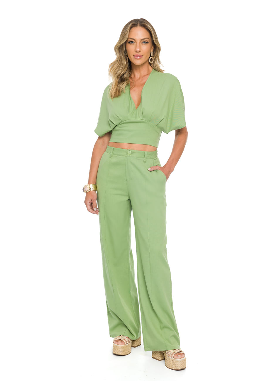 Blusa de Manga Curta em Plano Viscolinho Doce Trama VERDE