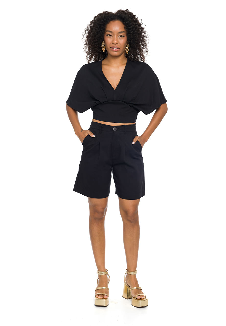 Blusa de Manga Curta em Plano Viscolinho Doce Trama PRETO