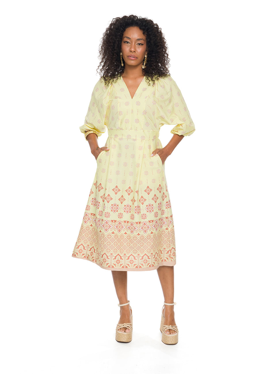 Vestido Midi em Plano Tricoline Doce Trama AMARELO